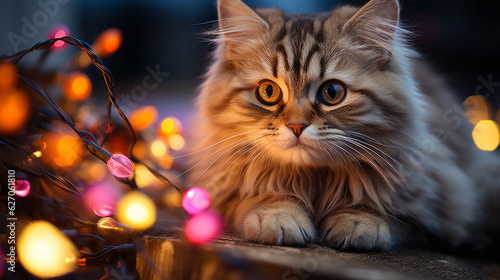 fluffy cat sitting near glowing Christmas lights