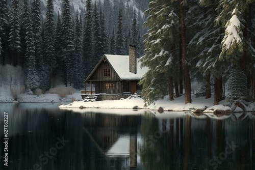 A winter cabin nestled in a forest along a lake. Generative AI