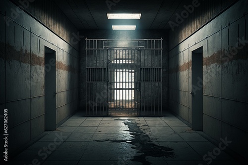 Fototapeta A dim incarceration chamber with concrete walls and bars