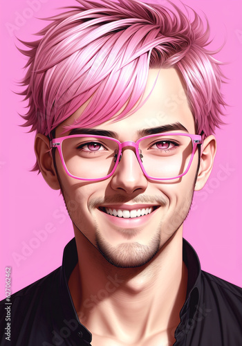 Portrait of a handsome young man with pink hair and glasses. Generative AI