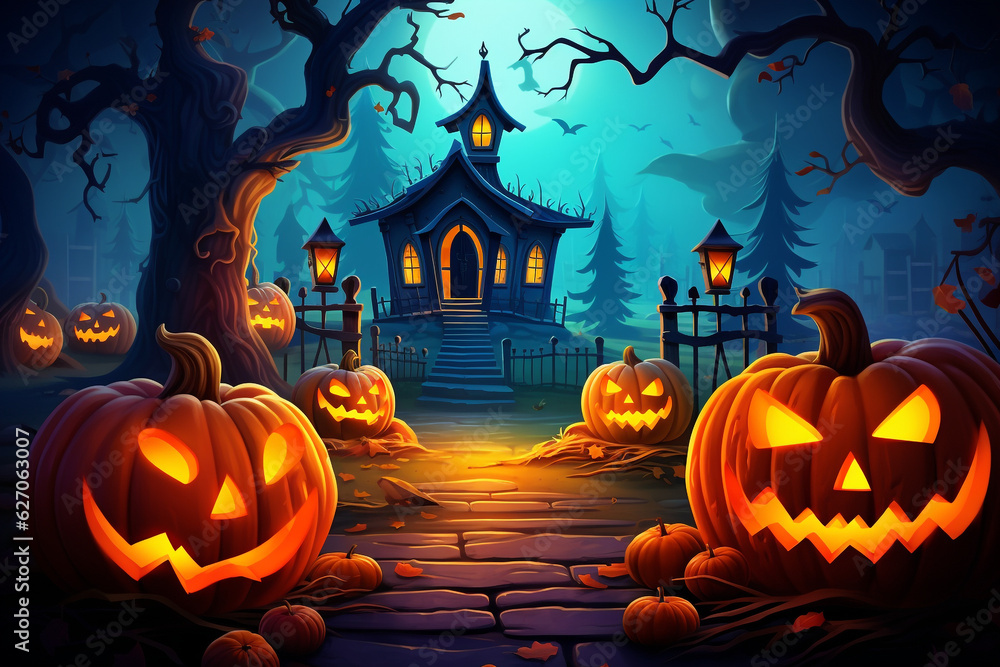 spooky halloween illustration for kids carwed pumpkins and copy space in the middle. High quality photo spooky halloween illustration for kids carwed pumpkins and copy space in the middle. High quality photo