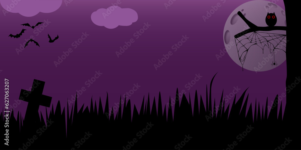 Halloween banner background with bat owl grave cloud spider web and full moon in the sky. The Halloween party is scary on 31 Oct. 