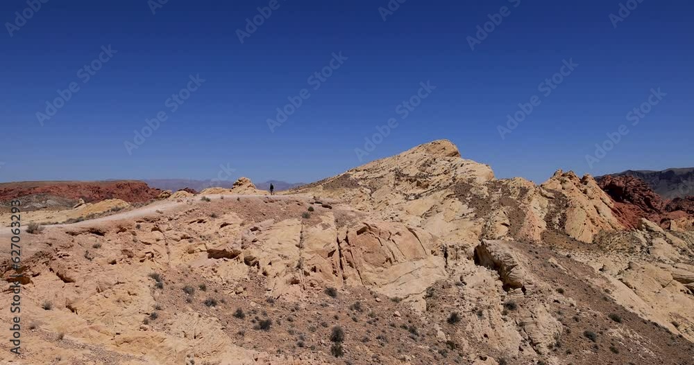 Man Nevada desert red rock mountain Valley of Fire. Nevada State Park recreation and nature preservation. Mojave Desert. Dry arid landscape with wildlife, erosion red colorful mountains. Man Nevada desert red rock mountain Valley of Fire. Nevada State Park recreation and nature preservation. Mojave Desert. Dry arid landscape with wildlife, erosion red colorful mountains.