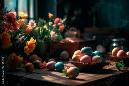 Easter eggs and flowers on the roof. Generative AI