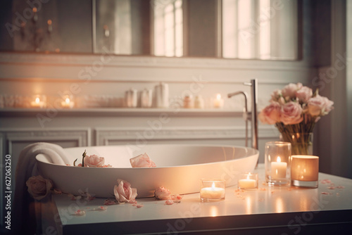 Bathroom with candles and roses. Generative AI