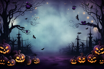 spooky halloween illustration for kids carwed pumpkins and copy space in the middle. High quality photo