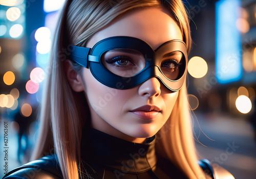 Close-up portrait of a beautiful young woman wearing superhero costume. Generative AI.
