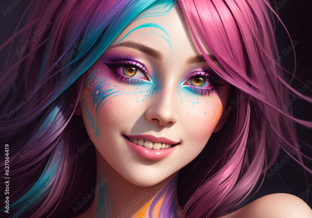Fototapeta premium Portrait of beautiful young woman with bright makeup and colorful hair. Generative AI.