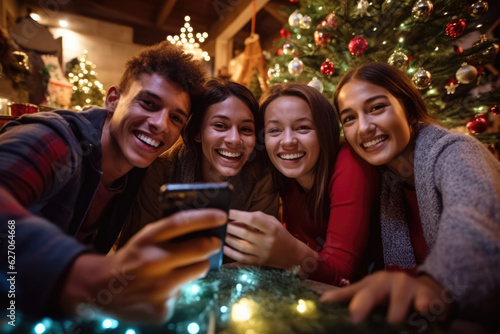 Christmas Cheer. Friends Capturing the Moment in Front of a Festive Holiday Ambiance. AI Generative