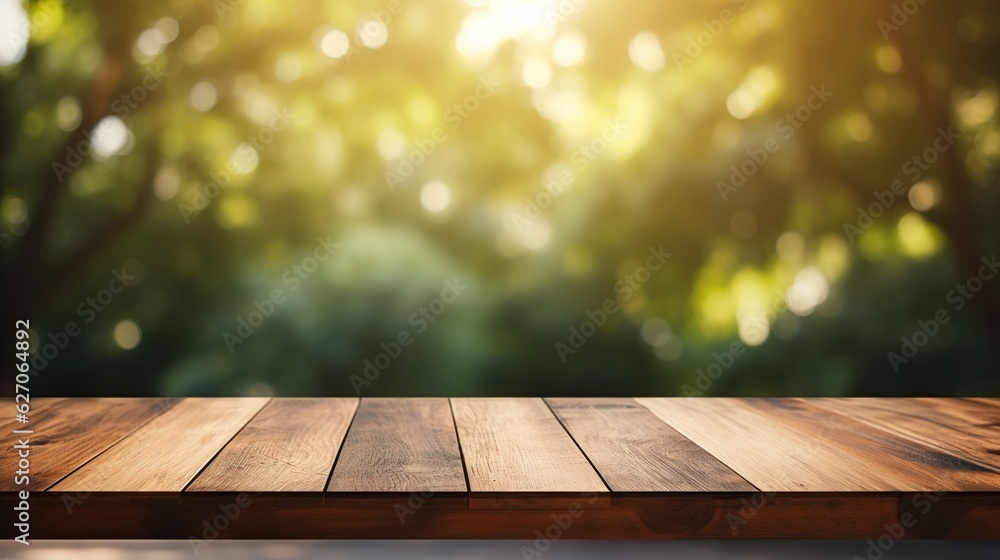 Empty wood table top and blurred view from green tree garden bokeh background. Product and food display Generative ai Empty wood table top and blurred view from green tree garden bokeh background. Product and food display Generative ai
