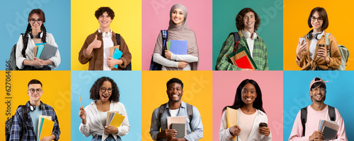 Happy multiethnic students posing over colorful studio backdrops