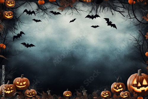Spooky halloween illustration, pumpkins castle, dark, cartoon style for kids. High quality photo