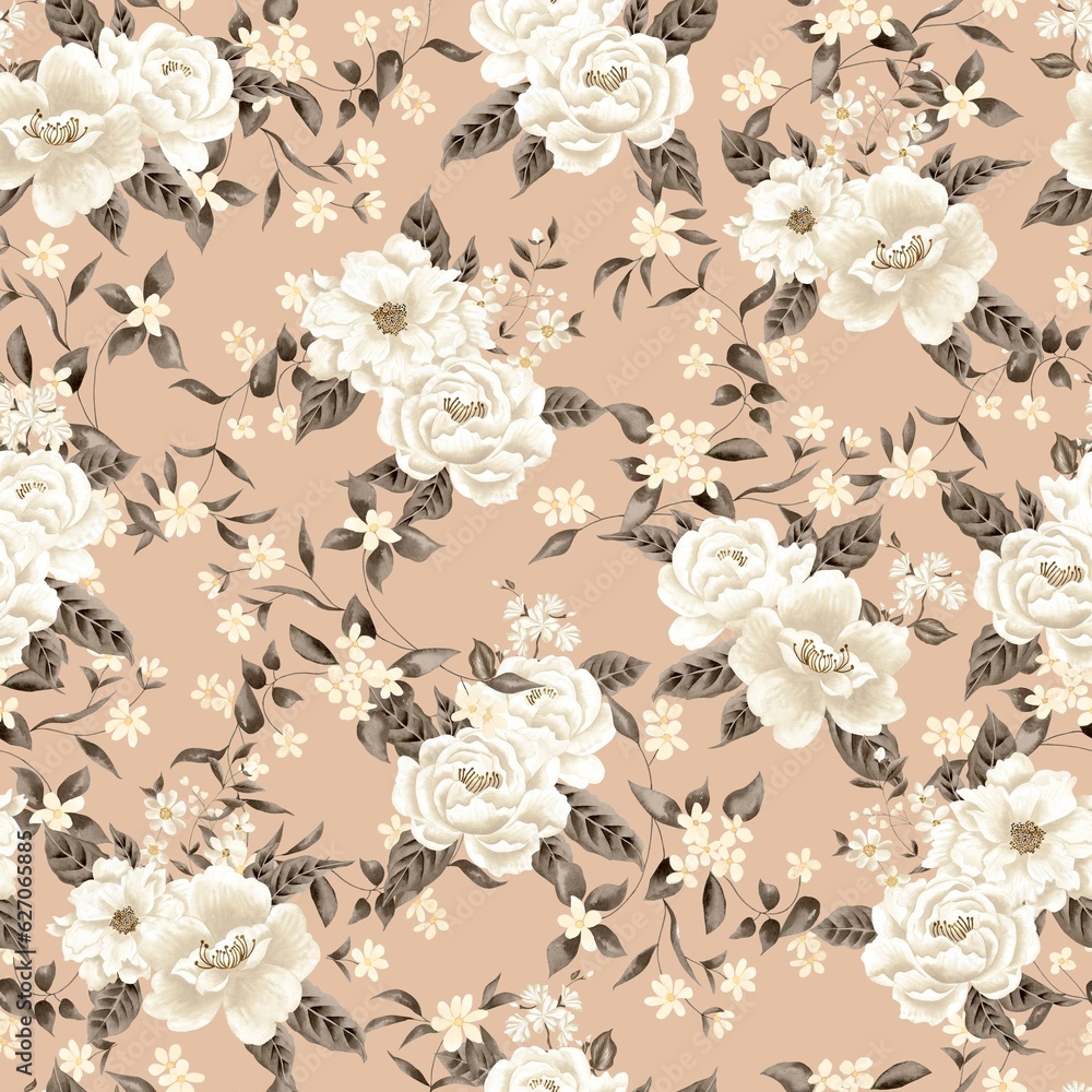 Watercolor flowers pattern, white tropical elements, brown leaves, golden background, seamless