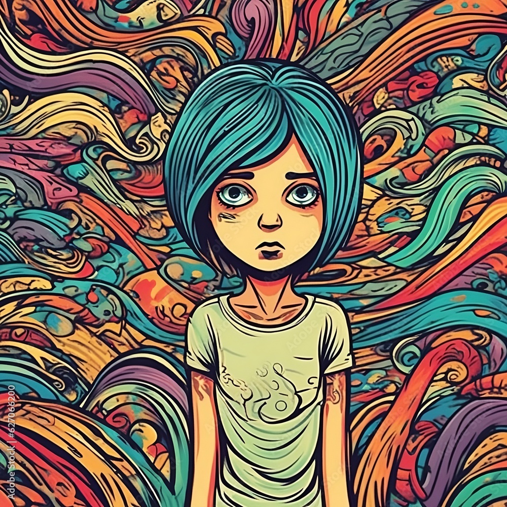 Women emotional with obsessive-compulsive disorder, mental health. Explore the world of OCD with a colorful, futuristic tattoo style photo of a young female. Women emotional with obsessive-compulsive disorder, mental health. Explore the world of OCD with a colorful, futuristic tattoo style photo of a young female.