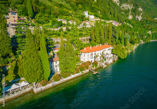 Aerial panoramic view of touristic villa Monastero located in Varenna resort, on the shore of lake Como, Lombardy region, Italy photo
