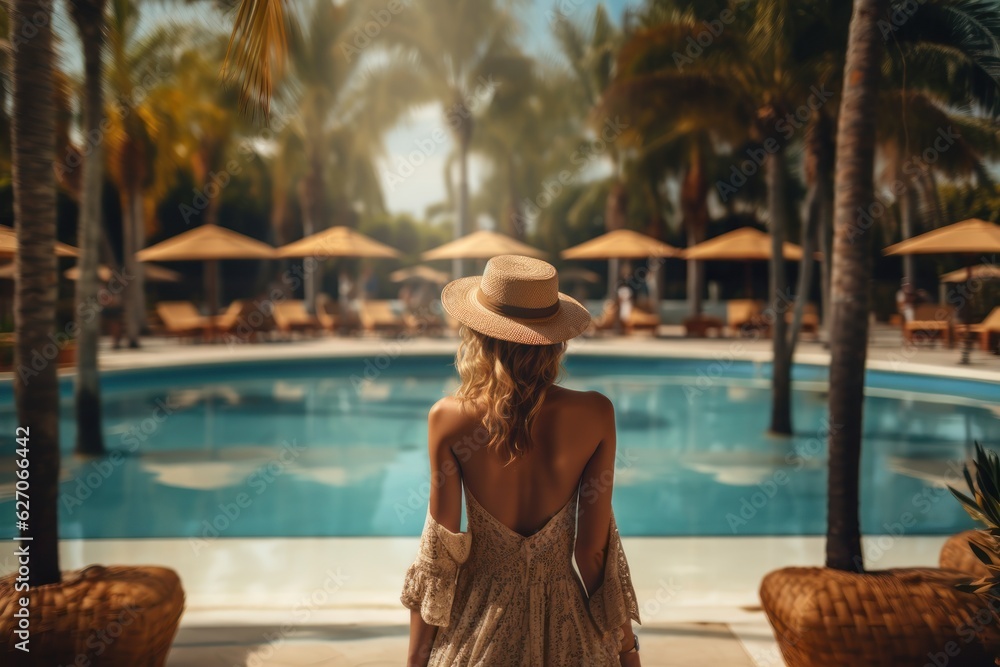 Back view of young stylish blond woman wearing straw hat on her, vacation at a beautiful resort. standing by a warm summer swimming pool. sunny day. Vacation. Copy Space. Made With Generative AI.
