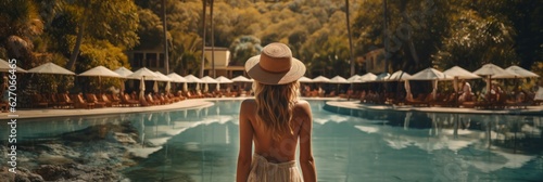 Back view of young stylish blond woman wearing straw hat on her, vacation at a beautiful resort. standing by a warm summer swimming pool. sunny day. Vacation. Copy Space. Made With Generative AI. © John Martin