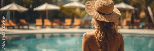 Back view of young stylish blond woman wearing straw hat on her  vacation at a beautiful resort. standing by a warm summer swimming pool. sunny day. Vacation. Copy Space. Made With Generative AI.