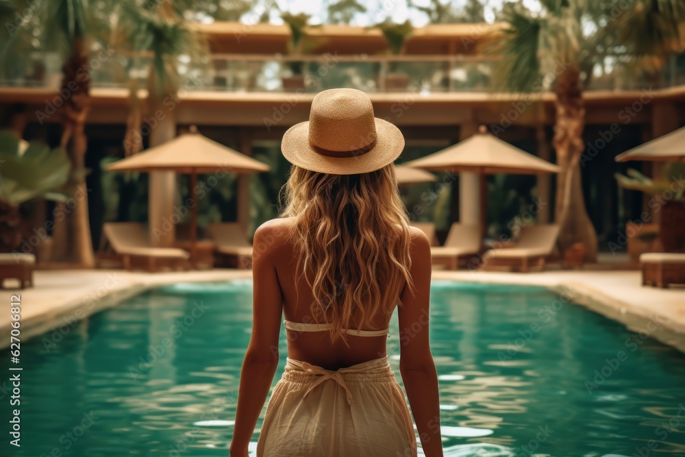 Back view of young stylish blond woman wearing straw hat on her, vacation at a beautiful resort. standing by a warm summer swimming pool. sunny day. Vacation. Copy Space. Made With Generative AI.