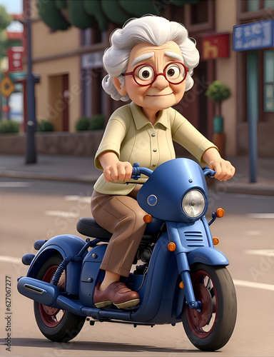 Elderly woman rides her motorbike through the city - Generative AI