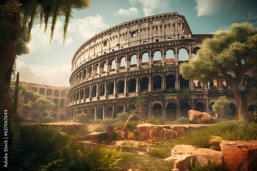 Colosseum on a green field. Generative AI