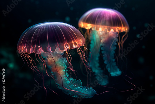 Colorful jellyfish. Generative AI © ARAMYAN