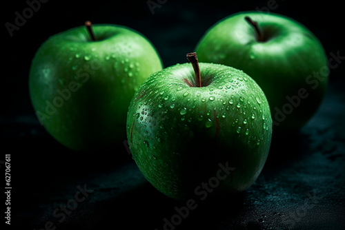 Green apple on a dark background. Generative AI