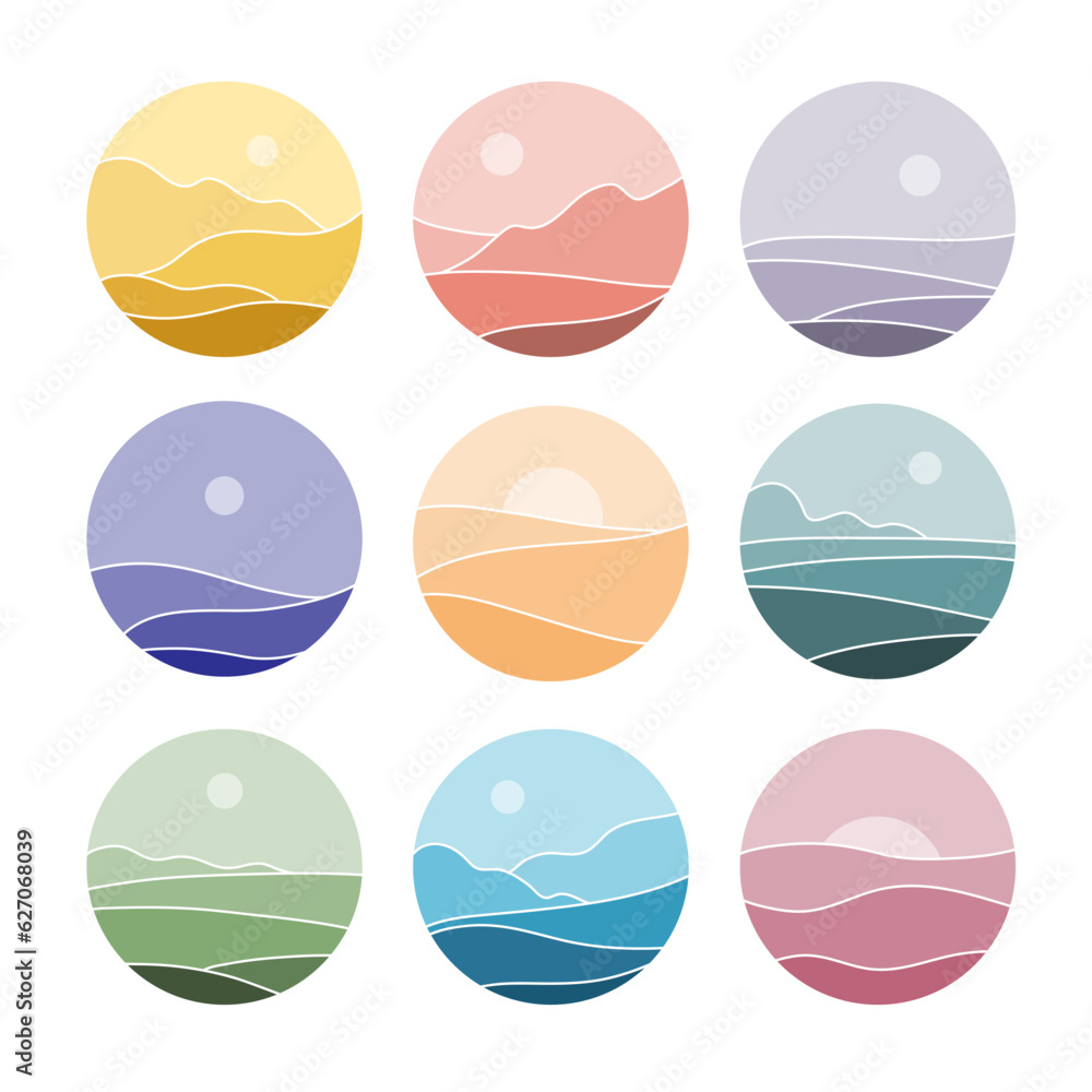 Set of abstract landscapes in circles. Logo and icon design. Collection of monochrome landscapes
