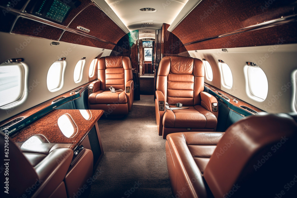 Leather interior in a first-class aircraft. Generative AI Leather interior in a first-class aircraft. Generative AI