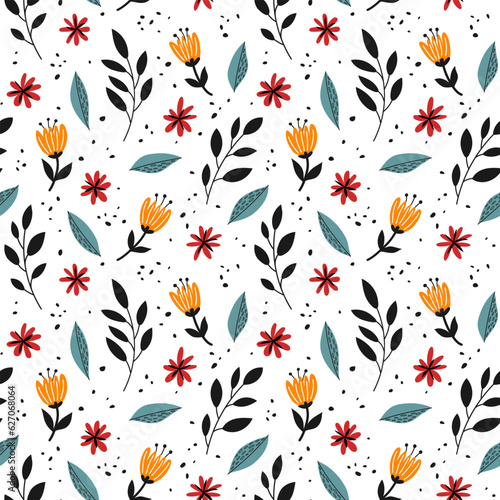 Seamless pattern with bright hand drawn flowers. Decorative floral design in flat style for wrapping paper, scrapbooking, textile, fabric and prints.