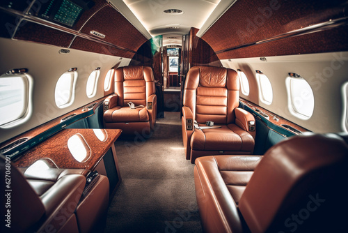 Leather interior in a first-class aircraft. Generative AI © ARAMYAN