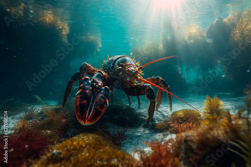 Lobster underwater. Generative AI © ARAMYAN