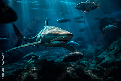 Sharks underwater. Generative AI © ARAMYAN