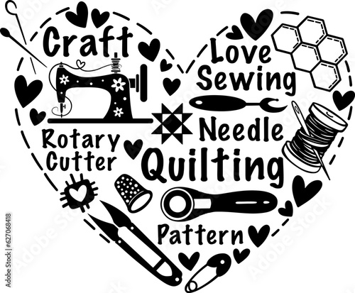 Sewing lover Heart shape design, Crafting Tailor Quilting hobby, Block pattern, Seamstress craft shirt desing, sewing machine, sewing tools