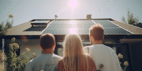 Happy Family with Solar Panels on Modern House Rooftop, Solar Panel on rooftop, family in the garden