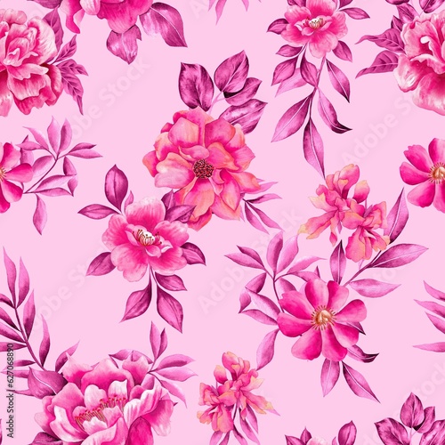 Watercolor Barbie flowers pattern, pink romantic roses, leaves, pink background, seamless © Leticia Back