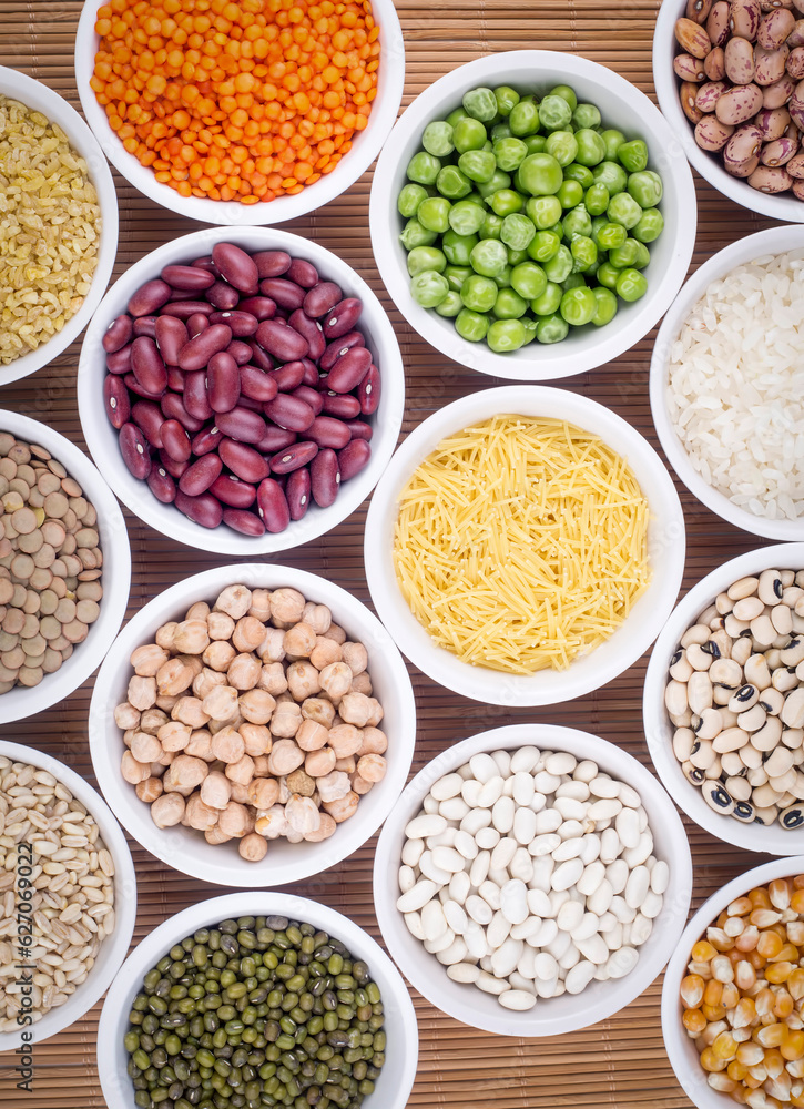 Mixed dried legumes and cereals isolated on white background, top view Mixed dried legumes and cereals isolated on white background, top view