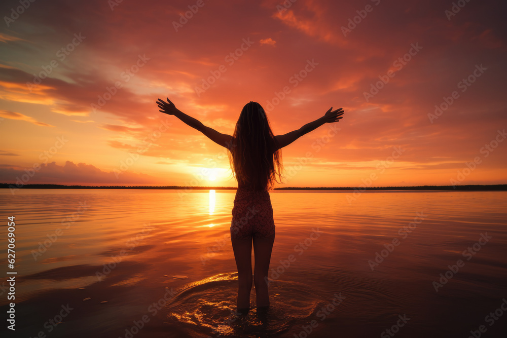 Seductive Summer Sunset. Sexy Woman with Opened Arms Embracing the Sun's Warmth. AI Generative Scene