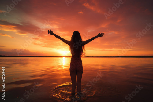 Seductive Summer Sunset. Sexy Woman with Opened Arms Embracing the Sun s Warmth. AI Generative Scene