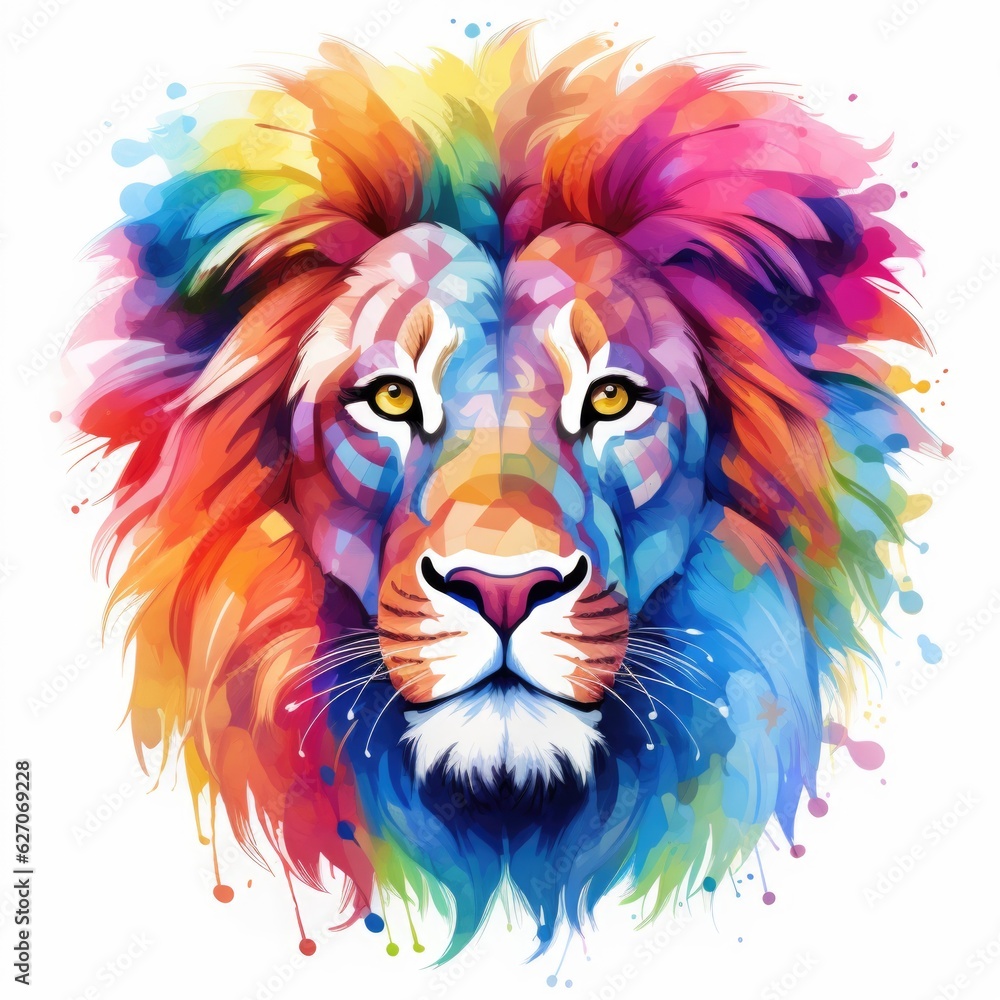 rainbow lion in a watercolor style on a white background. 