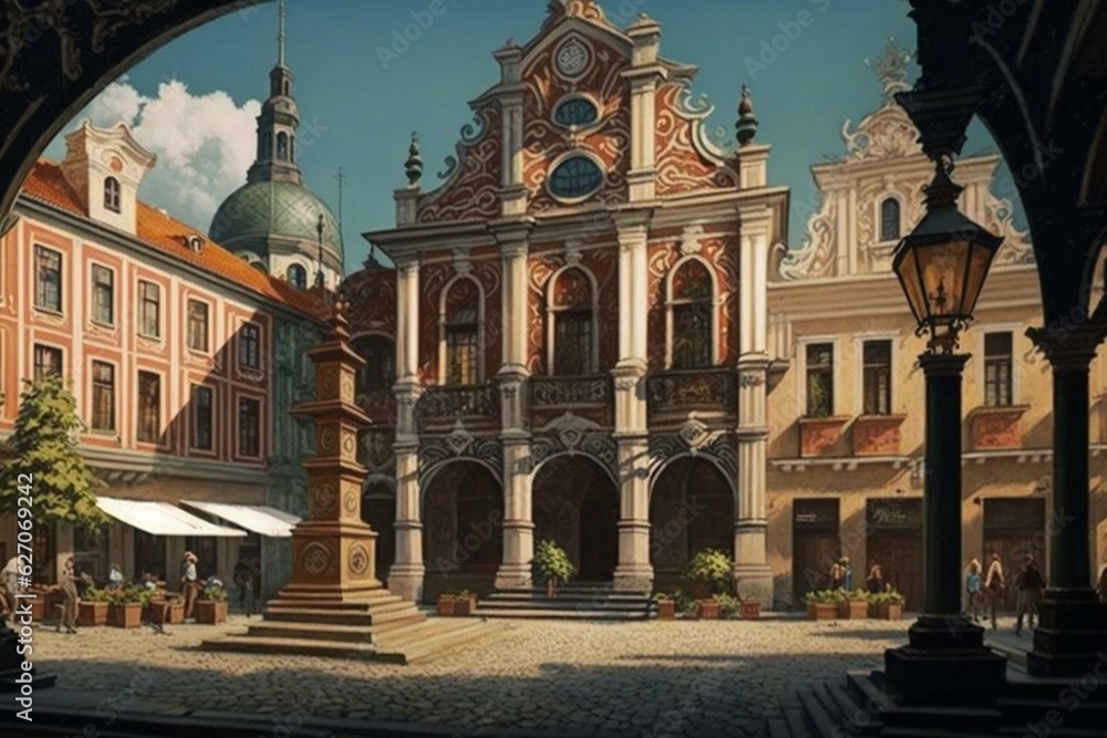 Discover the charm of an imaginary land through a striking artwork of an intricate town square. Generative AI