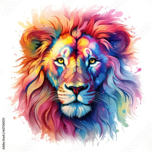 rainbow lion in a watercolor style on a white background. 