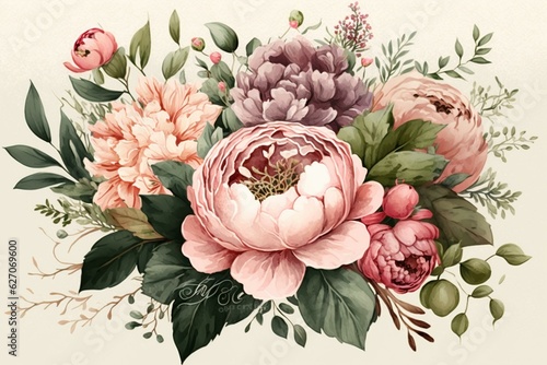 Watercolor illustration of pink floral arrangement with peonies  roses and greenery. Generative AI