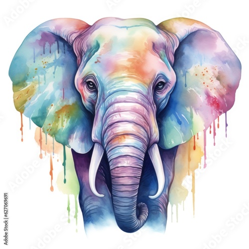 rainbow elephant in a watercolor style on a white background. 
