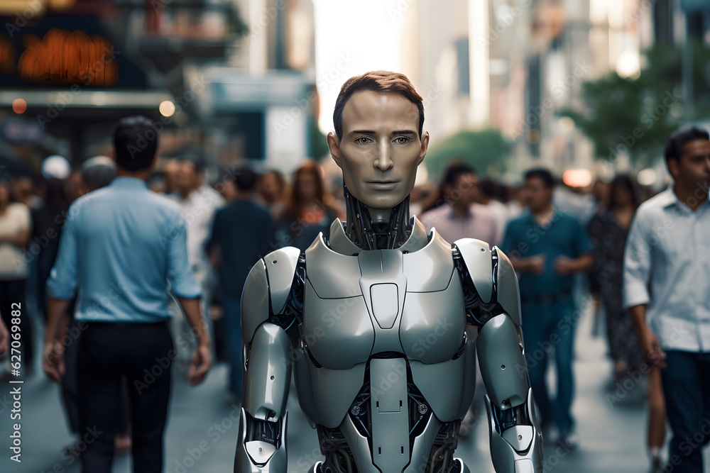Humanoid robot walking in a crowded city street Humanoid robot walking in a crowded city street