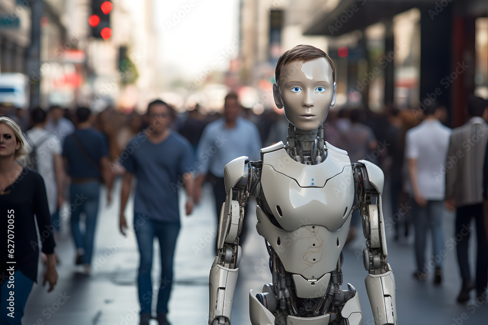 Humanoid robot walking in a crowded city street Humanoid robot walking in a crowded city street