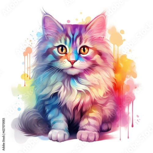 rainbow cat in a watercolor style on a white background.  © TETIANA