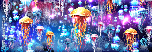 Vivid neon light abstract illustration of jellyfish