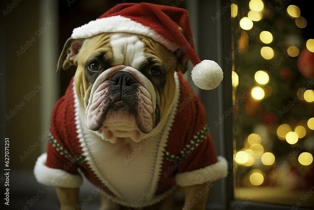 A bulldog from Brazil wearing a Christmas costume. Generative AI