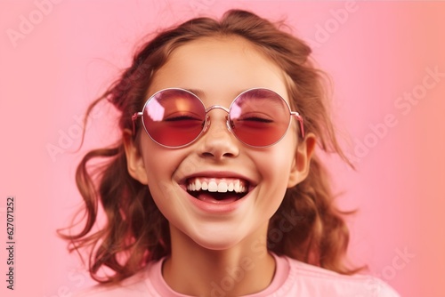 girl in sunglasses on a pink background 